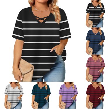 CFLVAEK T-Shirts pour Femmes Grande Taille Coupe Ample à Col Croisé T-Shirts Mode à Rayures Graphiques T-Shirts Décontractés à Manches Courtes T-Shirt d'Été pour Sorties T-Shirt Rose TTG