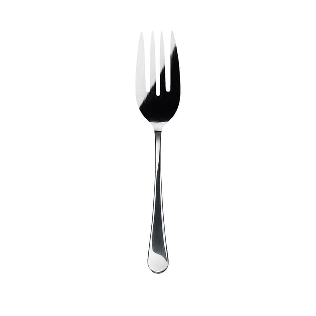 Windermere Serving Fork made of polished 18/10 stainless steel with four long tines and a gently tapered handle, centered on a white background, designed for serving meat and salad with balanced weight and a modern, durable finish.