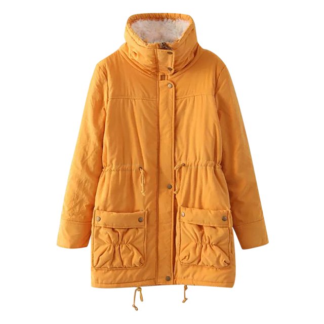 IROINID Women's Mid-Length Anorak Jacket Coat in yellow, featuring a solid color design with long sleeves, button closure, and two front pockets. Made from lightweight polyester with fleece lining for added warmth. Suitable for casual, daily, or outdoor occasions during autumn, spring, or winter.