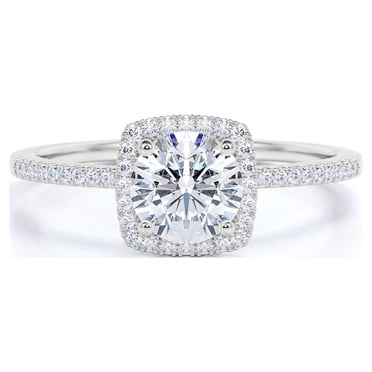 JeenMata Cushion Halo Design 1.75 Carat Round Cut Moissanite Pave Prong Set Engagement Ring In 18K White Gold Plating Over Silver