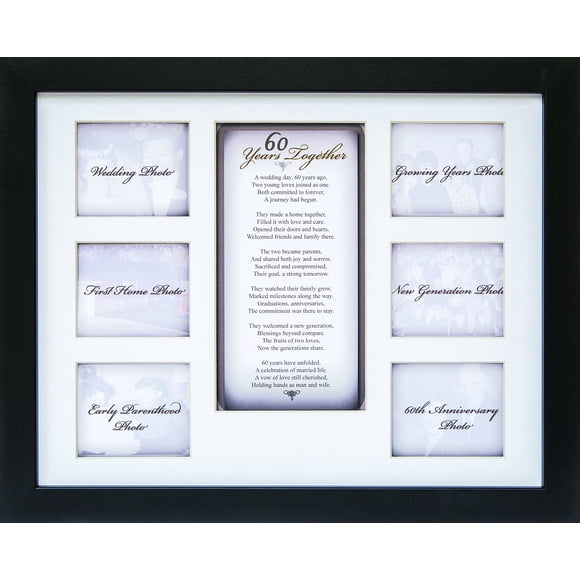 The Grandparent Gift Co. 60th Anniversary Collage Picture Frame - 11”x14” Photo Wall Frame with 6 (3” x 2.75”) Openings and a Beautiful Poem Displayed in Center - “60 Years Together”