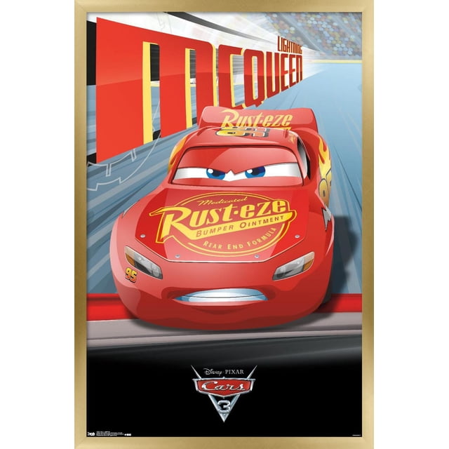 Disney Pixar Cars 3 - Lightning Wall Poster, 22.375" x 34" framed showing a centered front view of red Lightning McQueen with yellow Rust-eze bumper ointment logo and number 95 on hood, racing on a blue track with large red 'McQueen' text behind and Cars 3 logo below, suitable for decorating kids' rooms or play areas.