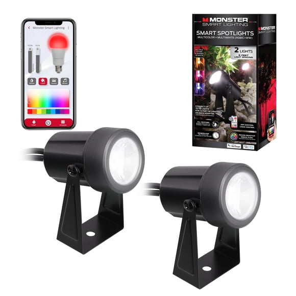 Monster Smart Outdoor Spot Lights, 2‑Pack, RGB+IC Flow LED Flood Lights, Weather‑Resistant, Wi‑Fi & Voice Control, Music Reactive, Multicolor Lighting