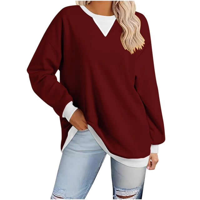 biudgviw Sweatshirts for Women Crew Neck Long Sleeve Oversized Pullover Tops Color Block Loose Fit Fall Clothings