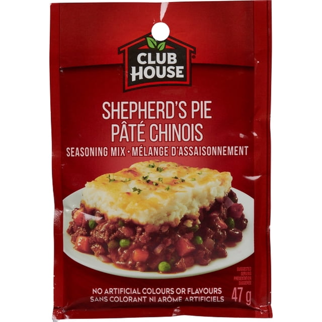 Club House Shepherd's Pie seasoning mix packet with red background and bilingual text, featuring a plated shepherd's pie with ground beef, peas, carrots, and mashed potato topping, 47 g, no artificial colours or flavours, suitable for easy homemade comfort food.