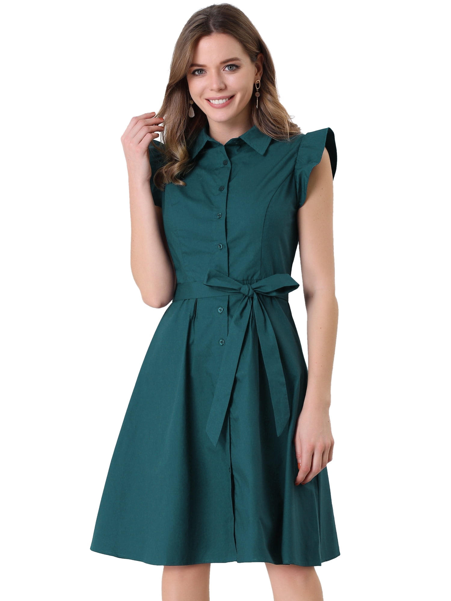 INSPIRE CHIC Robe-Chemise en Coton pour Femme à Manches Volantées Robe-Chemise de Travail avec Ceinture