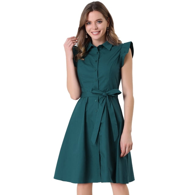 INSPIRE CHIC Robe-Chemise en Coton pour Femme à Manches Volantées Robe-Chemise de Travail avec Ceinture