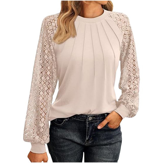 MeetoTime Hauts pour Femmes en Dentelle Manches Longues Plissés Col Rond Chemises Habillées Décontractées Blouses de Travail