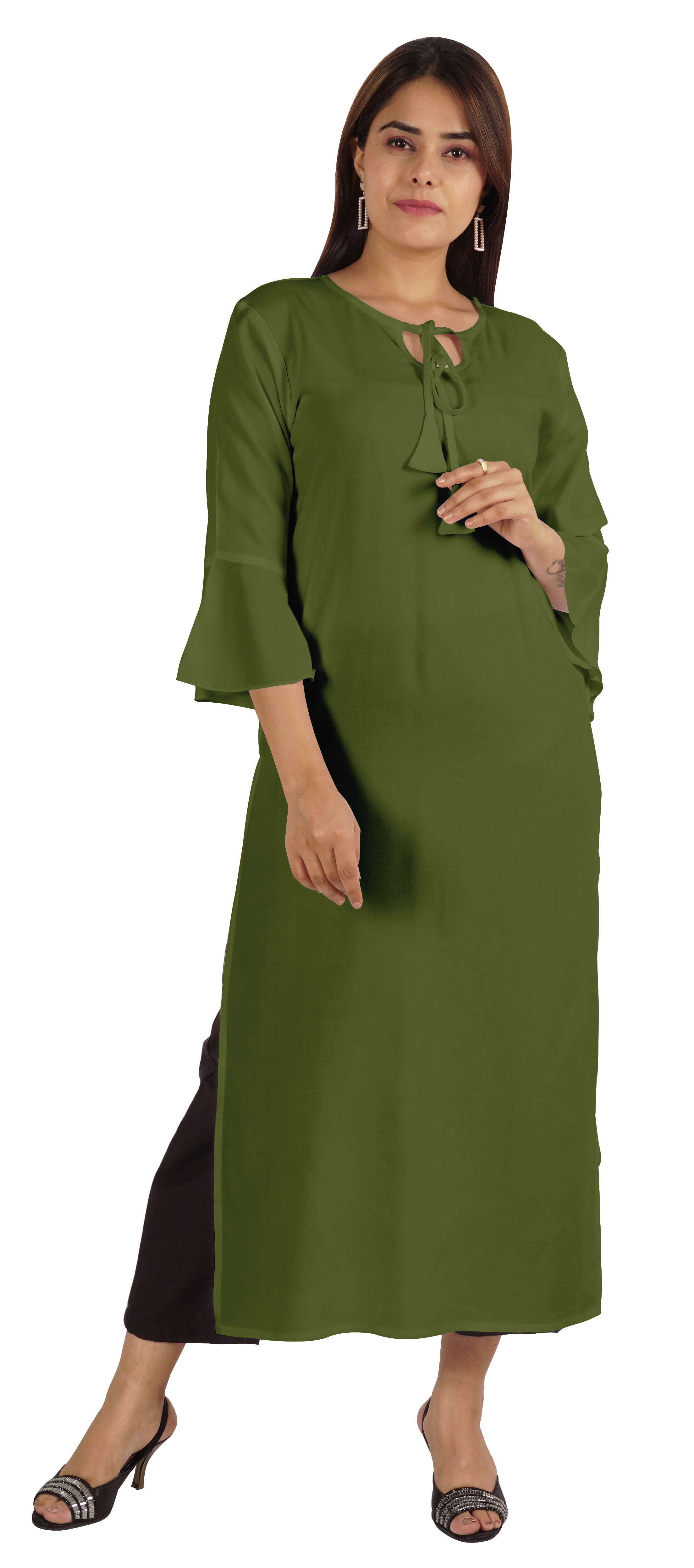 Moomaya Solid Rayon Kurta For Women bell Sleeve Drawstring Neck Long Ethnic Kurti
