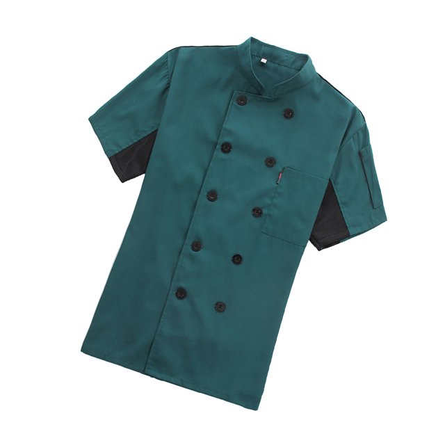 Chef Coat Short Sleeve with Buttons Pockets Cook Jacket Chic Cooking Work Wear Uniform Costume for Restaurant Hotel Cafe Kitchen Dark Green XL
