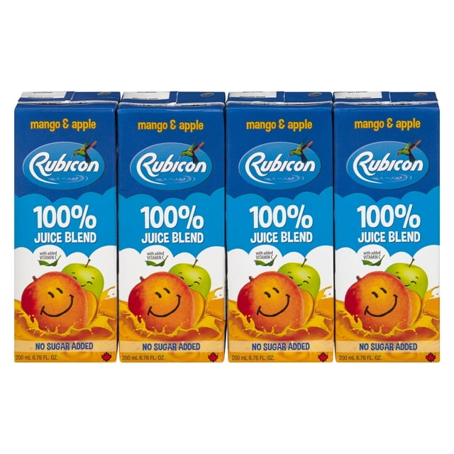 Rubicon Mango & Apple 'No Sugar Added' 100% Juice Blend four-pack with blue cartons featuring smiling mango and green apple illustrations, each containing 200 ml of shelf-stable juice blend with added vitamin C, suitable for a refreshing fruit drink.