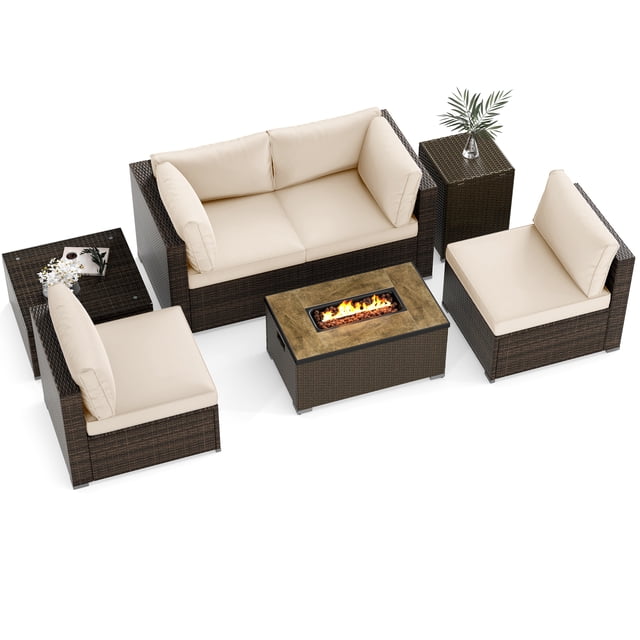 Gymax Set Of 7 Furniture Set w/32'' Fire Pit Table & Propane Tank Cover Outdoor White