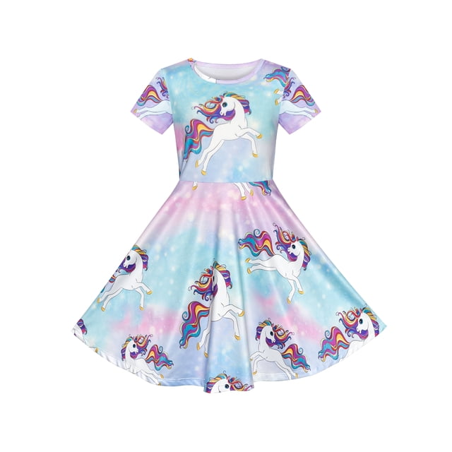 Robe Fille Bleue Unicorn Manches Courtes Décontractée 7 Ans