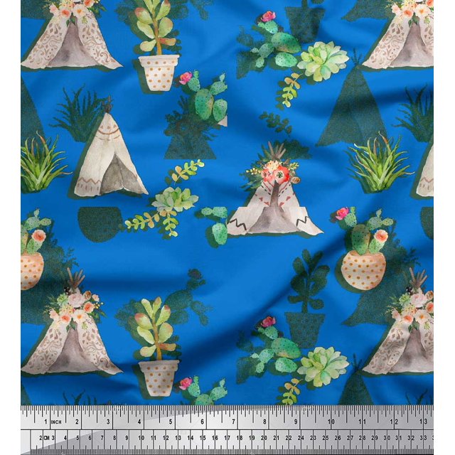Soimoi Blue Poly Georgette Fabric Cactus With Conical Pot Tree Print Fabric by the Yard 42 Inch Wide