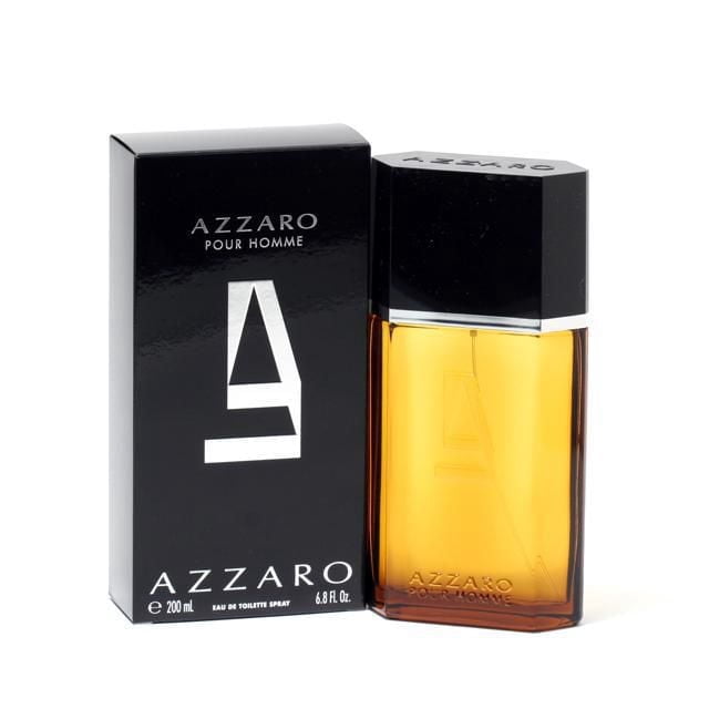 Azzaro Pour Homme Eau De Toilette Spray For Men 200ml with a rectangular amber glass bottle and black hexagonal cap next to its black box displaying a white geometric logo, offering a refreshing oriental woody cologne with long-lasting scent suitable for various occasions.