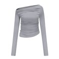 thumbnail image 1 of Fortune Women Basic Slim T-Shirts Solid Long Sleeve Ruched Off Shoulder Crop Top, 1 of 4