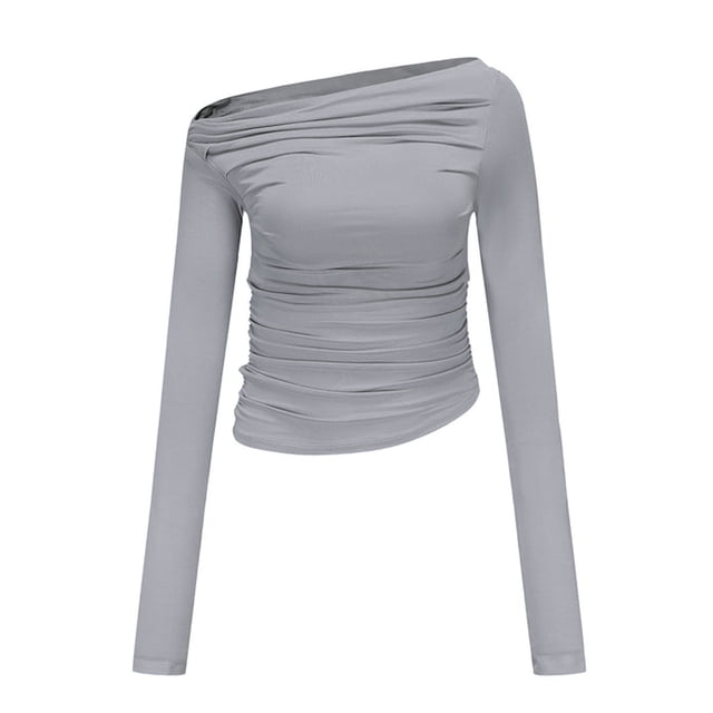 Fortune Women Basic Slim T-Shirts Solid Long Sleeve Ruched Off Shoulder Crop Top