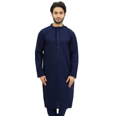 Atasi Kurta Long Classique Bleu pour Homme en Coton Chemise Décontractée de Designer - X-Grand