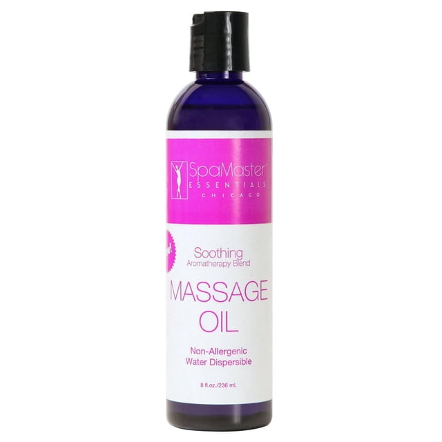 Master Massage Soothing Aromatherapy Oil Blends 8oz bottle in dark blue plastic with black flip-top cap, featuring a label that highlights its non-allergenic, water dispersible formula with therapeutic essential and carrier oils, suitable for calming, pain relief, and comfort in massage therapy.