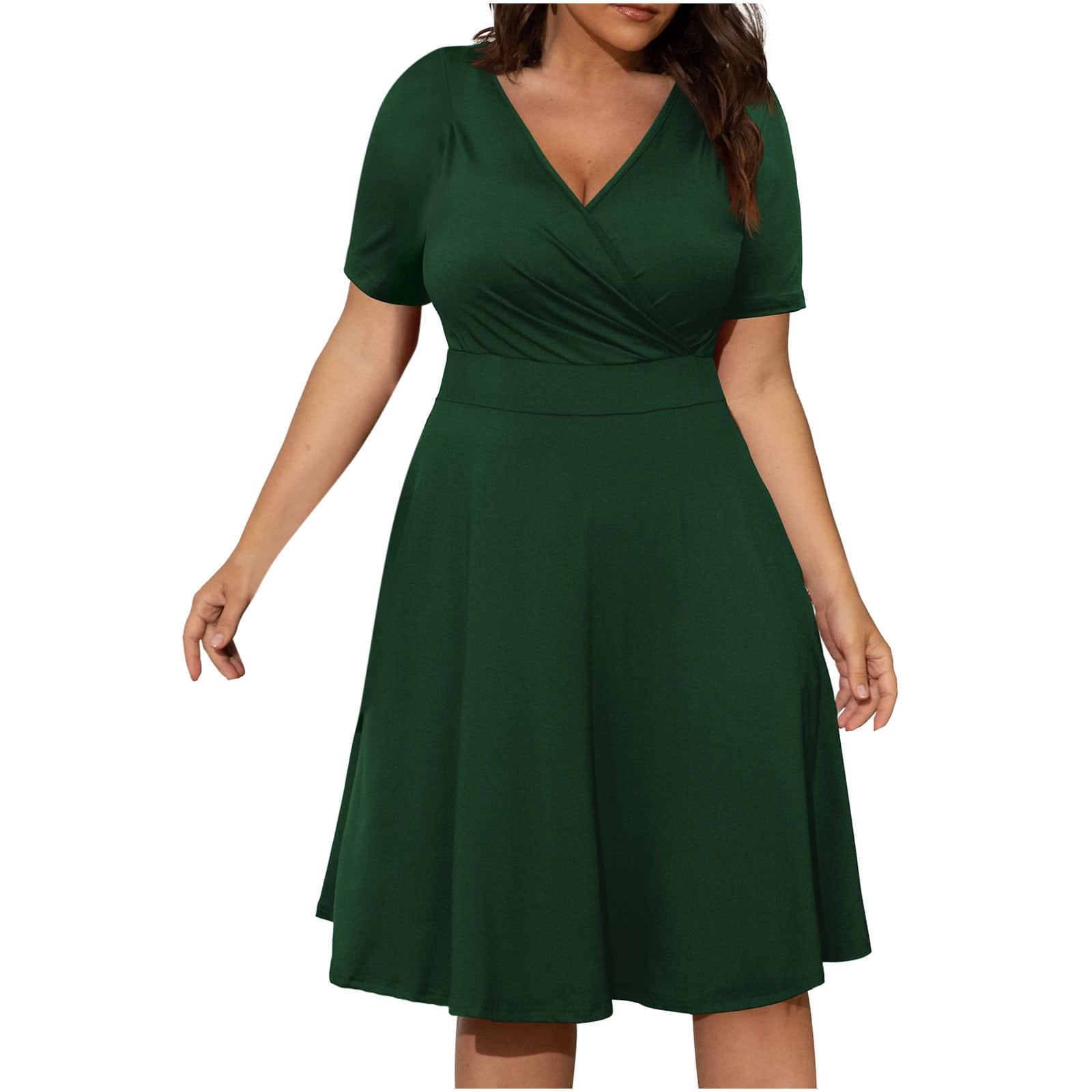 Womens Casual Plus Size V-Neck Solid Short Sleeve Boho Dress Swing Dress With Pockets