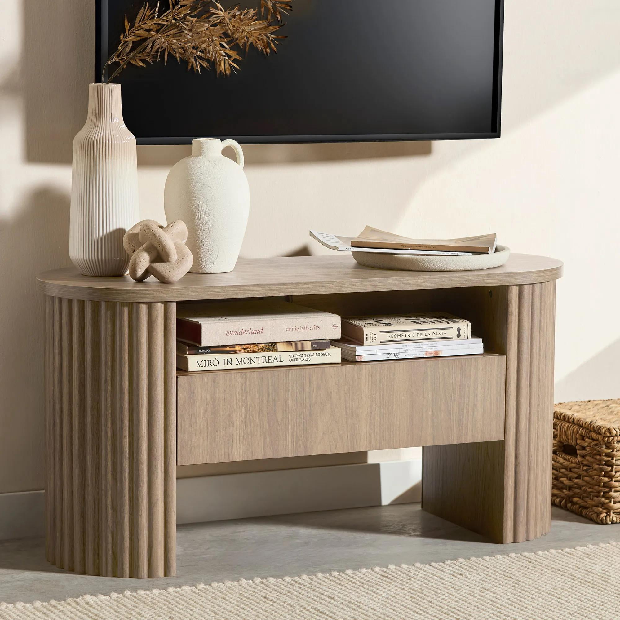 Bouclair Taupe Oak Wood Veneer Media Console TV Stand with Fluted Sides Drawer Living Room