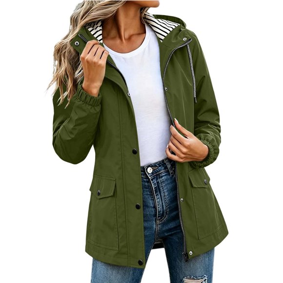 SZJXBUY Rain Coat with Hood Women Plus Size Striped lined Waterproof Lightweight Windbreaker with Drawstring Travel Outdoor Long Sleeve Rain Jackets with Pockets Army Green,L