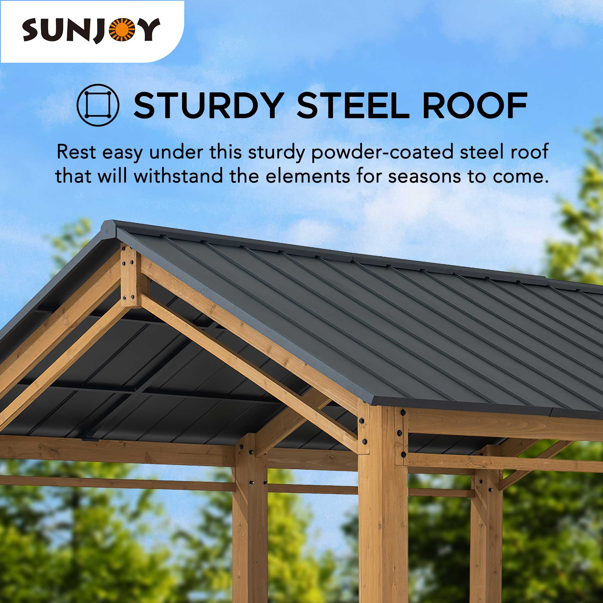 Sunjoy Gazebo en bois 13 pi x 11 pi Abri d'auto à toit rigide Abri d'auto robuste avec toit en acier et structure en bois, gazebo à toit à pignon en cèdre pour voitures et équipement d'extérieur