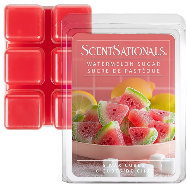 ScentSationals Scented Wax Cubes - Watermelon Sugar with six red wax cubes in a clear plastic clamshell package featuring a label of sugar-coated watermelon slice candies and lemons, designed for use in electric wax warmers to release a soothing, highly fragrant scent that creates a relaxing and welcoming home atmosphere.