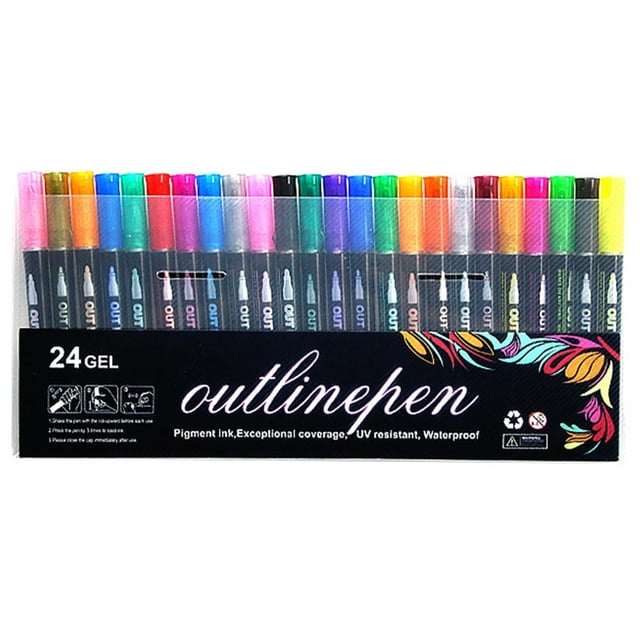 12/24 Colors Metallic Marker Double Line Outline Marker DIY Photo Album Paint Marker Pen with 2mm Tip Shimmer Marker Set for Metal Ceramic Glass Greeting Cards
