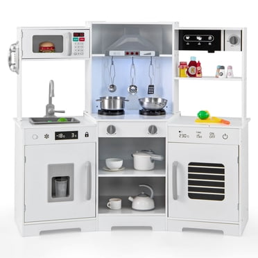 Costway Pretend Play Kitchen for Kids Toddler Aged 3+ Wooden Toy Set with Range Hood White