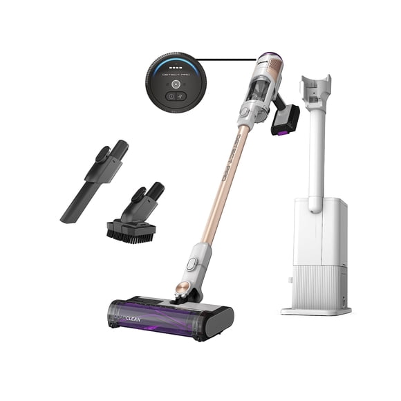 Shark Iw3511 Detect Pro Système d'Auto-vidange, Aspirateur Sans Fil avec Hepa, Brosse Multi-Surfaces Quadclean, Autonomie de 60 Minutes, Comprend Outil pour Fentes de 8 Pouces" et Outil Multi-Animaux, Blanc/bat le Laiton (Remis à Neuf)