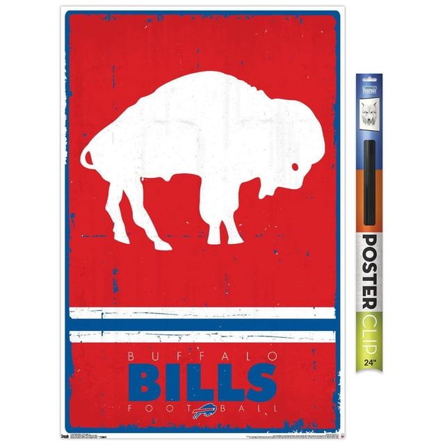 NFL Buffalo Bills - Affiche Murale Logo Rétro 15, 22,375 Pouces x 34 Pouces Mettant en Vedette une silhouette de Bison Blanc sur un Fond Rouge Vieilli avec Bordure Bleue et Deux Rayures Horizontales Blanches, avec Texte « Buffalo Bills FOOTBALL » en Bleu et Blanc en Dessous. Imprimée sur Papier Lustré, Légère et Facile à Accrocher avec Pinces pour Affiche Incluses, Convient à la Déco de la Maison Ou aux Chambres de Fans.