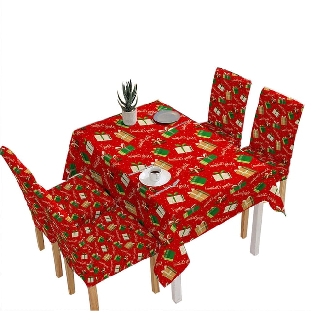Maoww Christmas Themed Table Cloth Dining Table Cover Holiday Home Party Printed Tablecloth, Gift Box. A vibrant red tablecloth with a festive Christmas gift box pattern, covering a rectangular dining table and matching chair covers. The design features green and gold gift boxes with holiday-themed text, creating a cheerful holiday atmosphere. Suitable for dining tables, tea tables, and more, this reusable and easy-to-clean tablecloth is ideal for home or restaurant use during the holiday season.