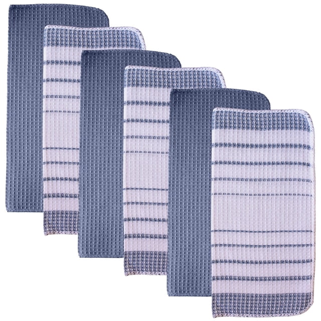Fouta Ensemble de 6 Linges à Vaisselle en Coton à Rayures Bleu, 12 par 12 Pouces, avec Tissage Gaufré Alternatif Motifs Bleus Unis et Rayés, Conçu pour un Séchage Sans Charpie de la Verrerie et un Séchage Absorbant de la Vaisselle, Convient comme Serviettes de Cuisine et Va au Lave-Vaisselle.