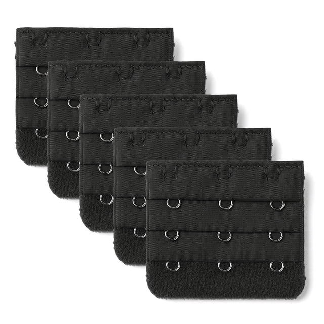 INSPIRE CHIC Rallonges de Soutien-Gorge pour Femmes à 3 Crochets et 3 Rangées en Noir, Faites d'Un Mélange de Coton Extensible avec des Crochets Métalliques Durables. Idéal pour Ajuster l'Ajustement du Soutien-Gorge pendant l'Allaitement, les Changements de Poids Ou le Rétrécissement du Soutien-Gorge. Chaque Rallonge Mesure 5,7 x 5 cm avec un Espacement de 1,3 cm entre les Crochets. Lot de 5.