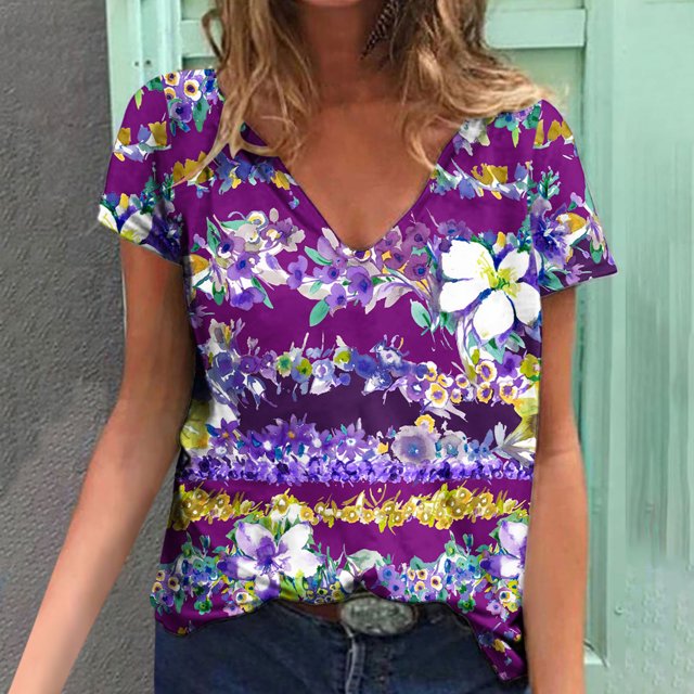 T-Shirts d'Été pour Femmes Grande Taille à Manches Courtes Femmes Blouse Imprimée d'Été T-Shirts Décontractés à Col en V T-Shirts à Manches Courtes Hauts T-Shirt à Col en V Femmes en Liquidation