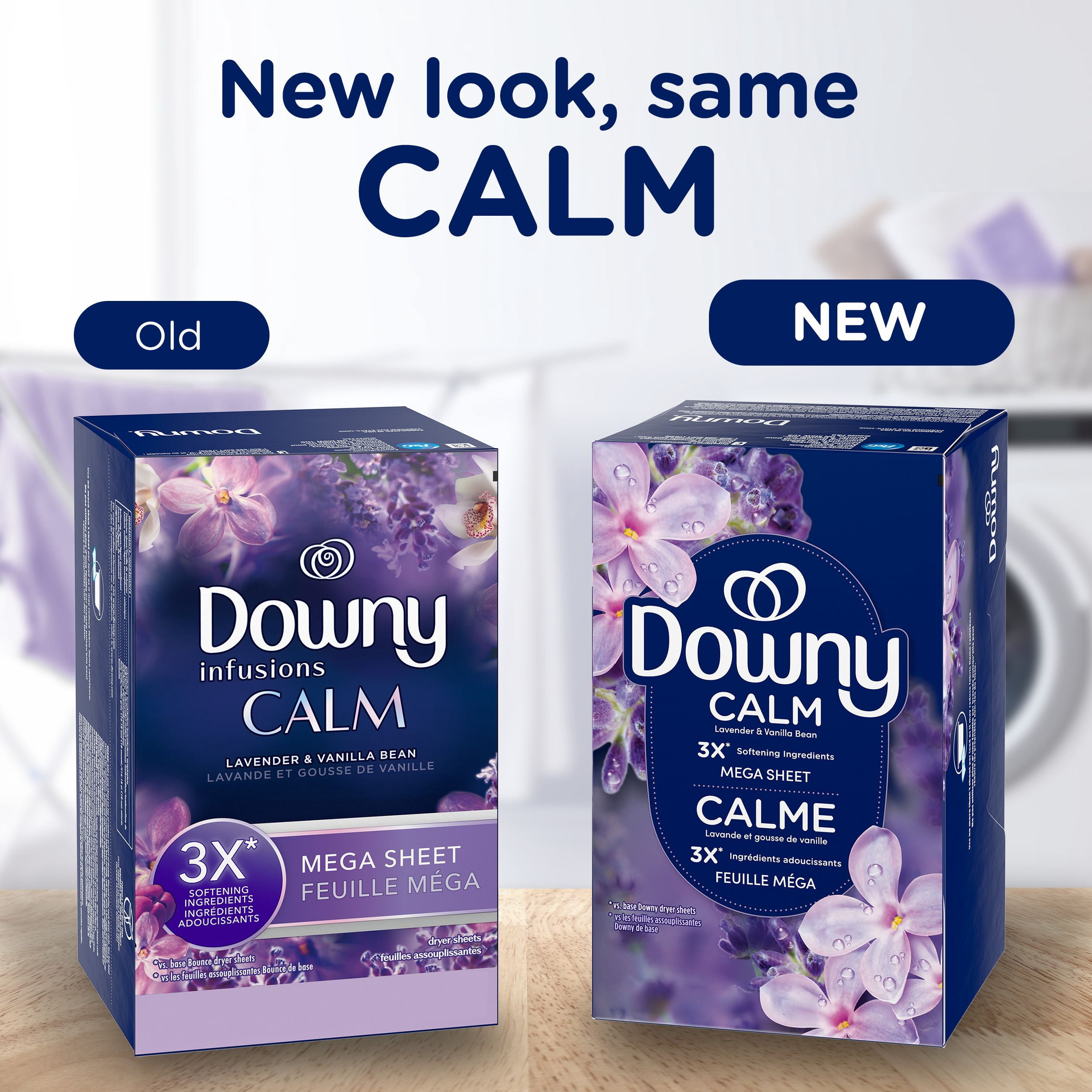 Downy Calme, Feuilles Assouplissantes Méga pour Sécheuse, Assouplissant pour la Lessive, Lavande et Gousse de Vanille 120CT