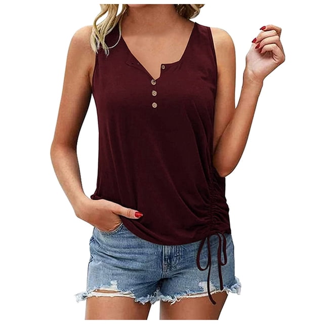 Pompotops Débardeur d'Été pour Femme à Col Rond, Décontracté, Uni, à Boutons, Sans Manches
