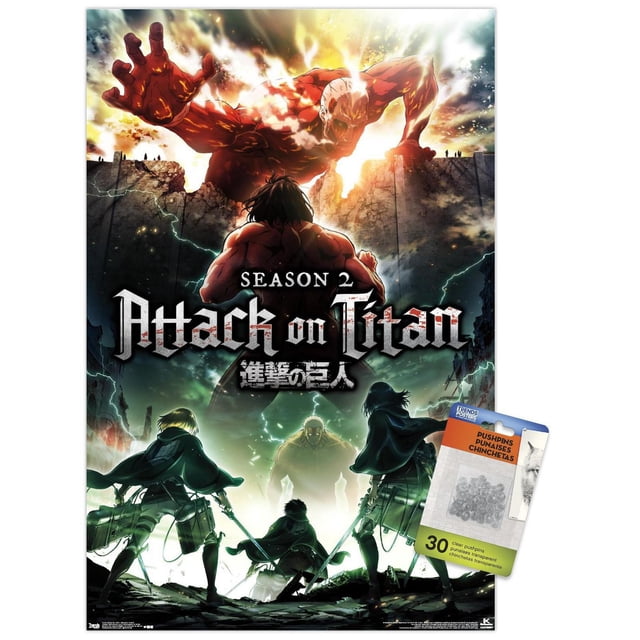 Attack on Titan - Affiche Murale Teaser de Saison 2, 22,375 Po x 34 Po, Représentant un Titan Rouge colossal Traversant un Mur Fissuré avec Quatre Personnages en Manœuvre Faisant Face à Lui sous un Ciel Orageux avec Éclairs, Imprimée sur Papier Lustré avec Supports Transparents à Punaises Inclus pour une Suspension Facile, Convient à la Déco de Salle d'Anime Ou à la Décoration de Fête.