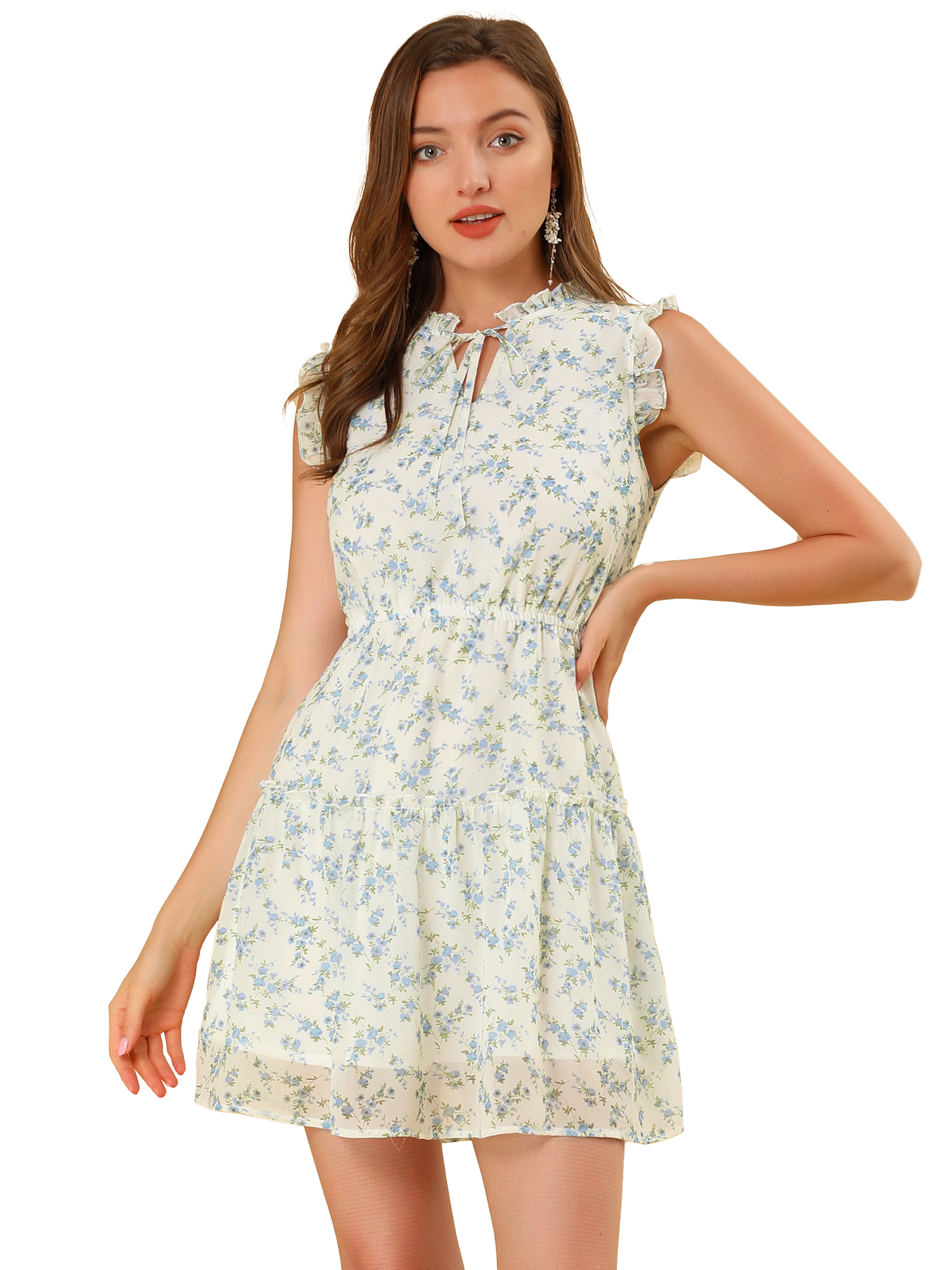 INSPIRE CHIC Women's Ditsy Floral Ruffle Neck Bow Tie A Line Sleeveless Dress