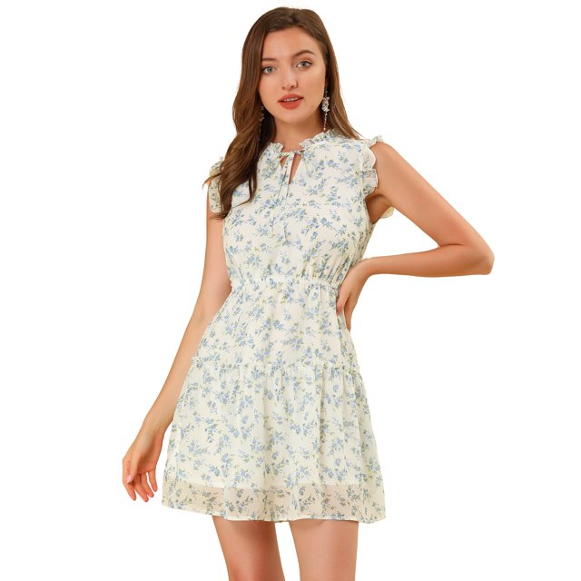 INSPIRE CHIC Women's Ditsy Floral Ruffle Neck Bow Tie A Line Sleeveless Dress