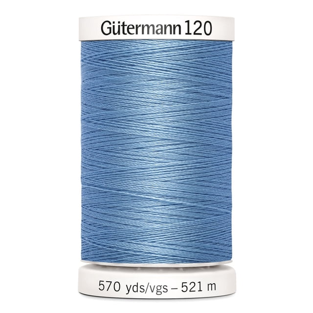 Gutermann 120 100% polyester all purpose thread spool in blue tightly wound on a white plastic bobbin labeled with 570 yards (521 meters), suitable for machine and hand sewing various fabrics including cotton, synthetics, and natural fibres, also ideal for craft and mending projects.