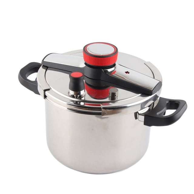 Stainless Steel Pressure Cooker, available in 5L, 6L, and 8L capacities, featuring a durable 304 stainless steel body with a three-layer design for even heat distribution. The stovetop pressure canner includes an easy-lock lid, a pressure-limiting valve, and ergonomic black handles. Compatible with both gas and induction cooktops, this explosion-proof pressure pot is suitable for home and commercial use. The polished silver finish is complemented by red accents on the lid and valve.
