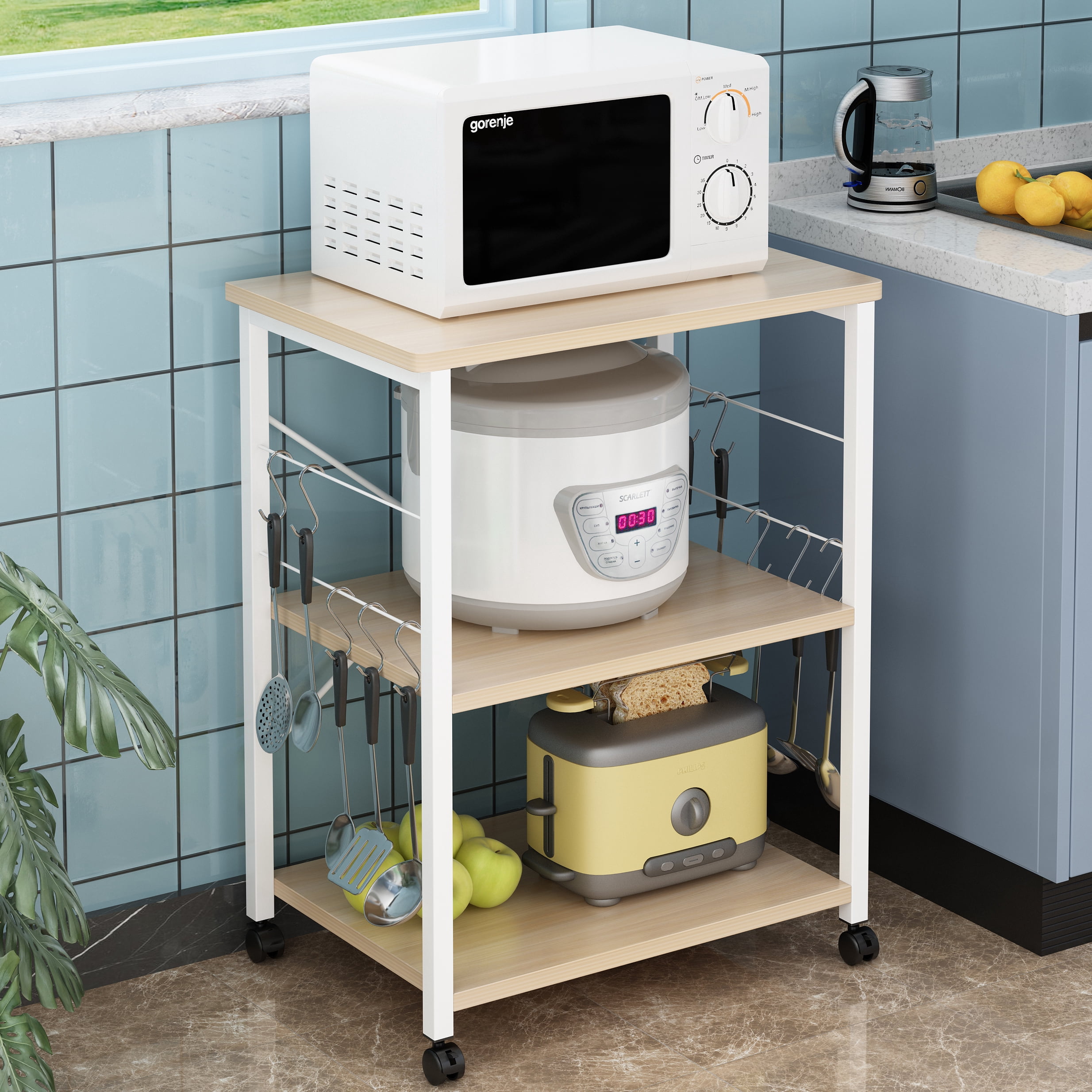 Ktaxon Chariot de Service de Cuisine Mobile à 3 Tablettes, Étagère de Boulanger Multifonction, Support pour Four à Micro-Ondes, Chariot à Tablettes sur Roulettes avec 10 Crochets, Assemblage Facile, Beige Pâle/blanc