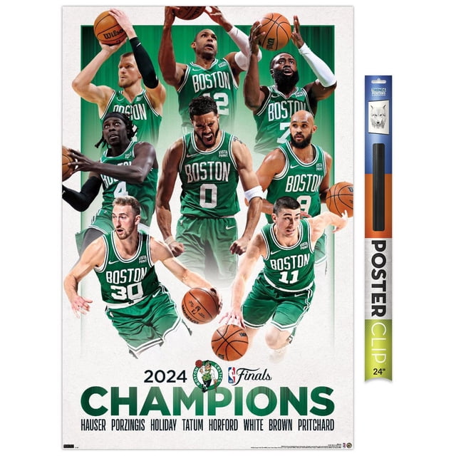 NBA Celtics de Boston - Affiche Murale des Finales 2024 de NBA Champions, 22,375 Pouces x 34 Pouces Encadrée, Mettant en Vedette Sept Joueurs en Uniformes Celtics de Boston Verts dans des poses d'Action de basketball Dynamiques sur un Fond Dégradé Vert, avec Texte « 2024 Champions » et Noms de Joueurs Hauser, Porzingis, Holiday, Tatum, Horford, Blanc, Brun et Pritchard Dessous, Convient à la Déco de Chambre de fan de NBA et aux Souvenirs Sportifs