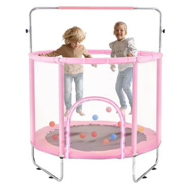 KFFKFF Trampoline pour Enfants de 55 Pouces, 4,6 Pi pour Usage Intérieur et Extérieur, Petit Trampoline pour Tout-Petits avec Filet de Protection et Panier de Basketball, Rose