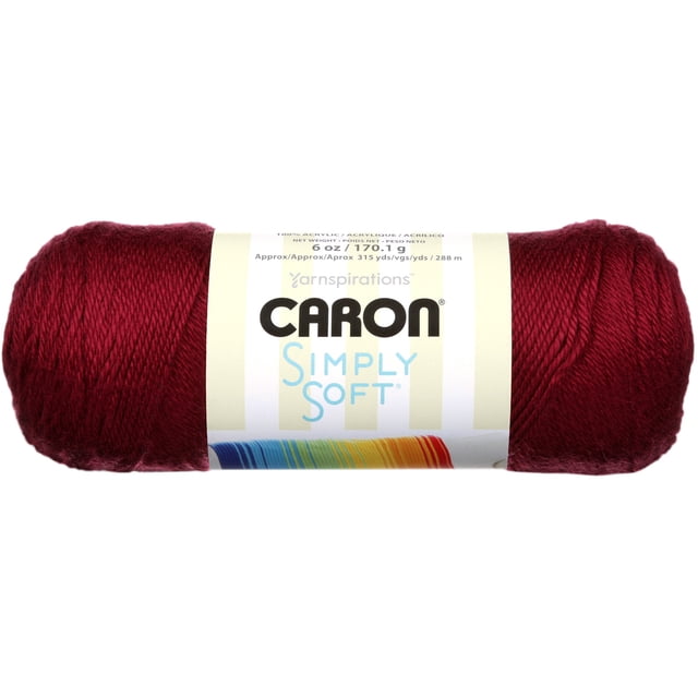 Caron Simply Soft Yarn in deep red acrylic, medium #4 weight, 6 oz (170 g) skein with 315 yards (288 m), featuring a smooth, lustrous texture ideal for knitting and crochet projects including garments, accessories, and home decor, also suitable for crafting soft toys.