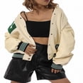 thumbnail image 4 of Women Baseball Jackets Leather Long Sleeve Letter Jackets, 4 of 5