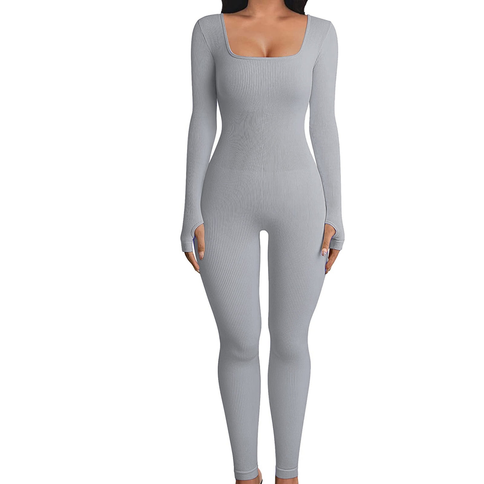 Gupgi Women  Long Sleeve Yoga Jumpsuits Workout Ribbed Bodycon Romper One-Piece Sport Bodysuit