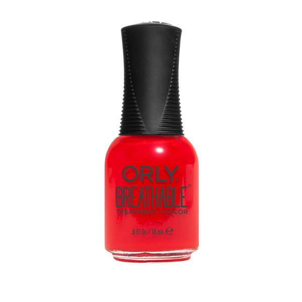 Orly Nail Breathable Treatment + Color - Cherry Bomb 2060015, a vibrant red nail polish in a .6oz (18mL) bottle. Features a 3-in-1 formula with no basecoat or topcoat needed, enriched with Argan oil, Pro Vitamin B5, and Vitamin C for healthier, stronger nails. The bottle has a sleek black cap and a 600-bristle brush for smooth application. Part of the 13-free, non-toxic nail care range.